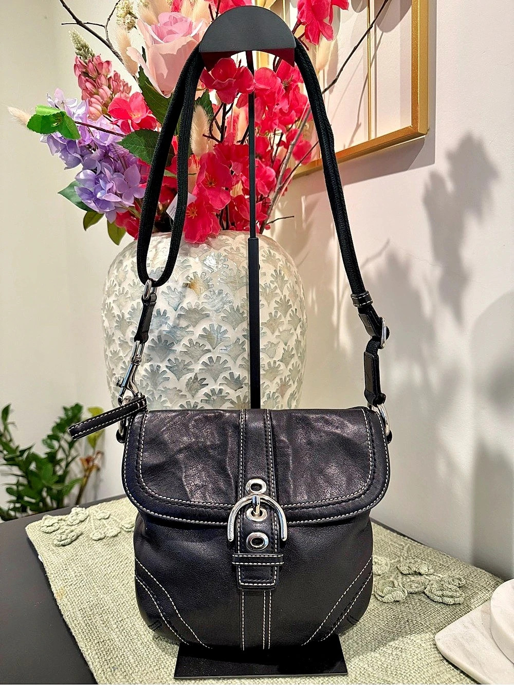 Coach Soho Leather Buckle Flap Bag Black Crossbody